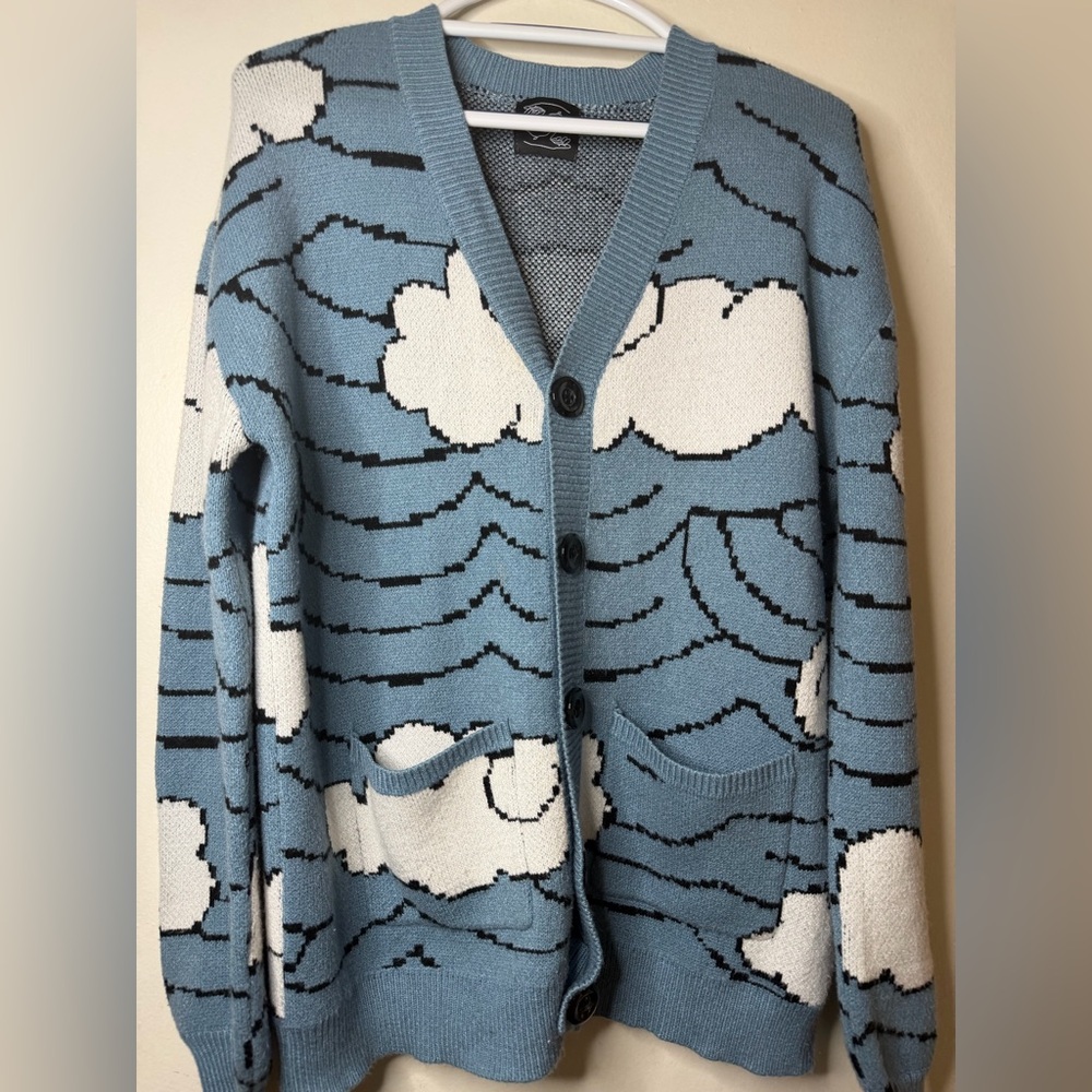 Steady Hands Cloud Pattern Cardigan Sweater Blue White M/L Cozy Indie Knit - Picture 3 of 10